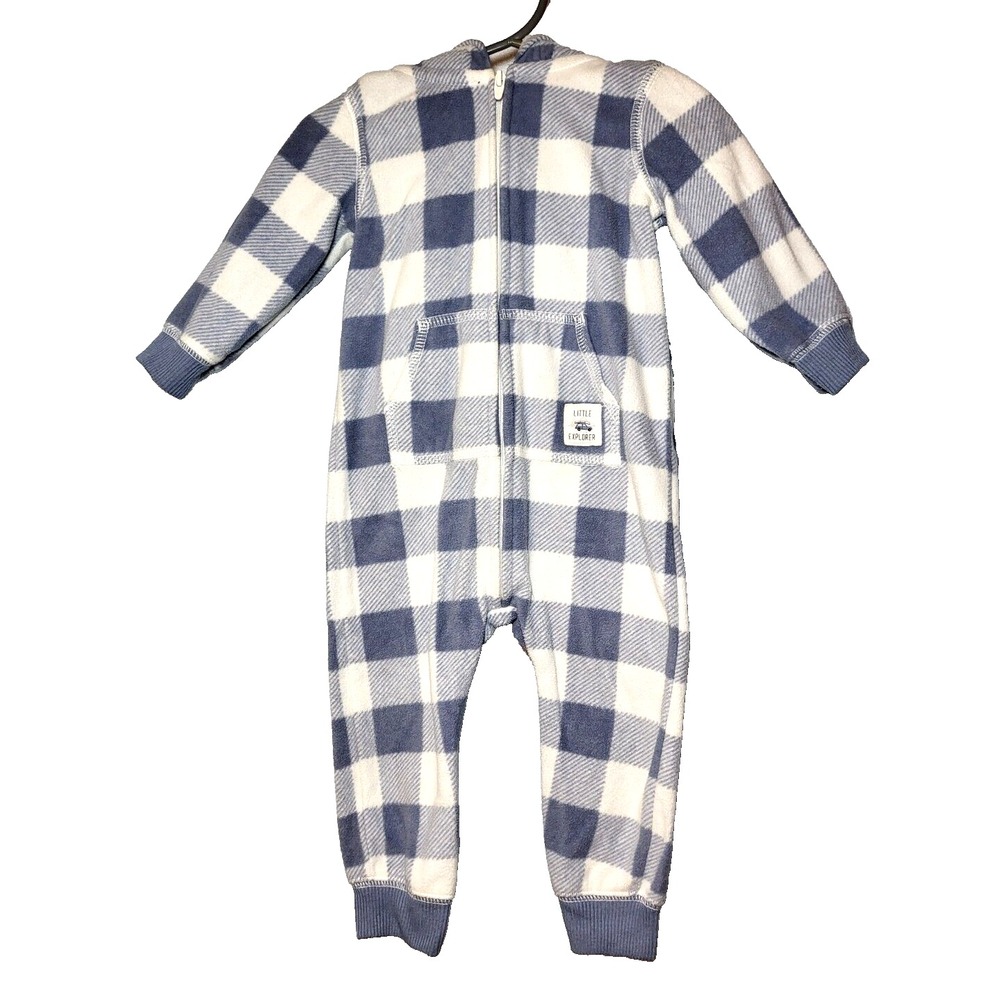 Carters Blue Cream Buffalo Check Hooded Ears Fleece Zip Front‎ One Piece 9 mo
